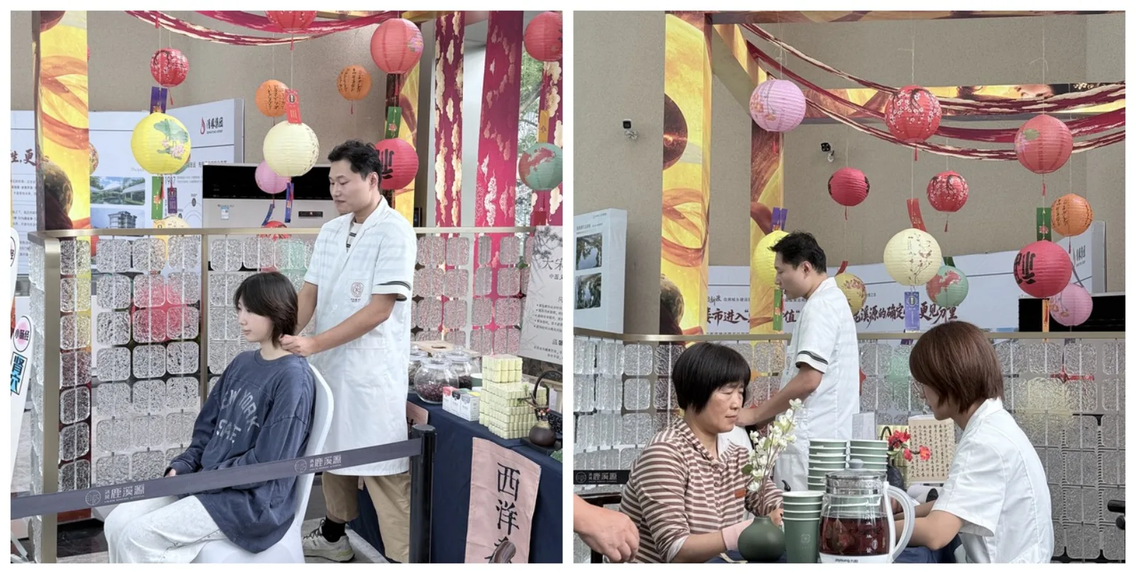 义诊现场肩颈推拿体验：许正权理疗师为居民做坐姿手法松解